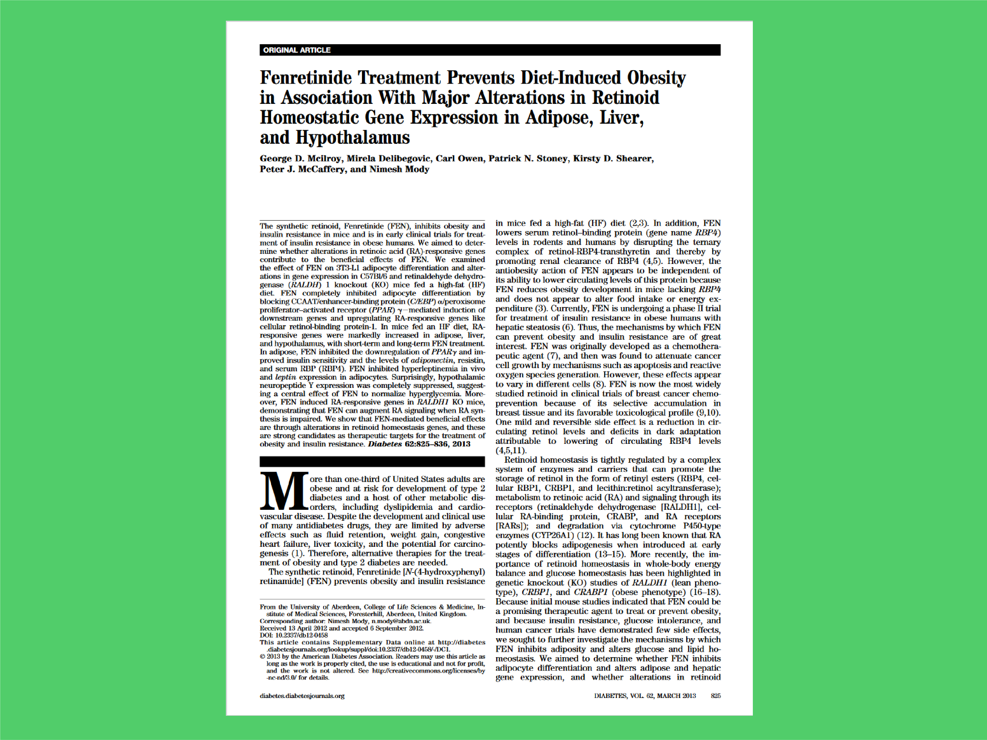 Fenretinide Treatment Prevents Diet-Induced Obesity in Association With Major Alterations in Retinoid Homeostatic Gene Expression in Adipose, Liver, and Hypothalamus